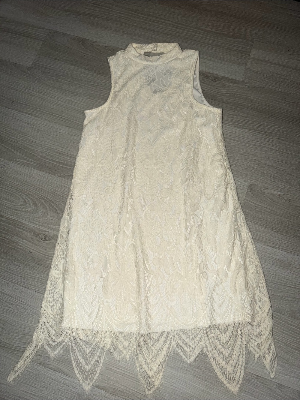 Sleeveless Cream Lace Mini Dress with Scalloped Hem
